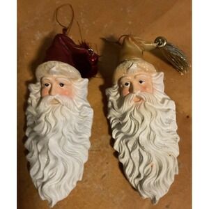 Set Of 2 Vintage Hand‎ Painted Santa Face With Long Beard Ornament Red And Gold